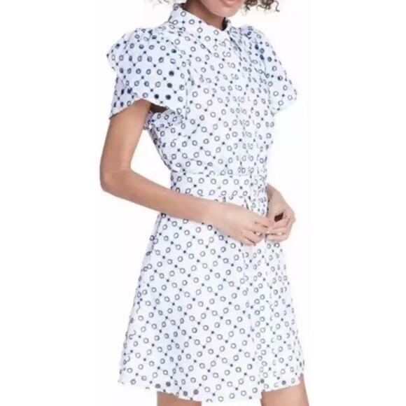 Alexis Target Dot Tulip Sleeve Embroidered Shirtdress Eyelet Belted White Blue - Picture 1 of 8